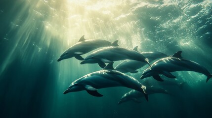 Fototapeta premium A pod of dolphins swimming together in a coordinated group, with their sleek bodies cutting through the water and the ocean surface sparkling in the sunlight.