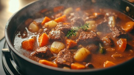 A pot of rich, savory beef stew with tender meat and root vegetables, cooking on the stovetop with steam escaping, showcasing the comforting and hearty nature of the dish.