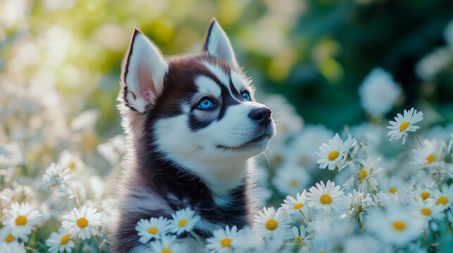Lindo filhote de Husky Siberiano entre um canteiro de margaridas. Criado com IA.