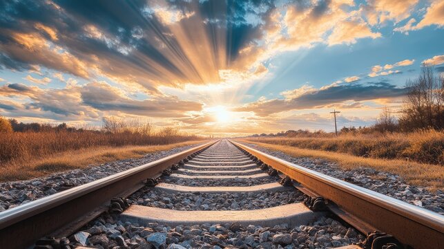 rail train track on sunset landscape