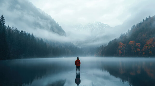 Lone Traveler in a Red Jacket Standing on a Tranquil Lake with Misty Mountain Reflections, Capturing the Essence of Serenity, Solitude, Mystery, and Calm in a Foggy Forest Landscape
