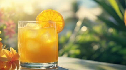 A refreshing glass of freshly squeezed orange juice with ice cubes and a slice of orange garnish, set on a sunny breakfast table with a vibrant, summery backdrop.