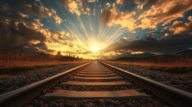 rail train track on sunset landscape