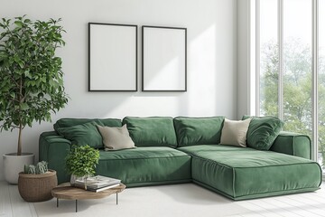 Bright living room featuring a green sectional couch, indoor plants, coffee table, and blank wall frames.