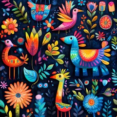 Obraz premium Folk art inspired design with colorful animals and traditional cultural symbols background