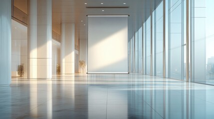 Obraz premium A 3D render of a blank roll-up banner in a sleek exhibition hall