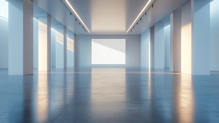 Obraz premium A 3D render of a blank roll-up banner in a sleek exhibition hall