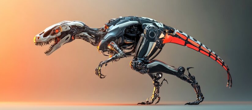 3D illustration of a dinosaur raptor robot performing a jump from a rear perspective