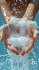 Fototapeta premium Close-up of hands washing with soap and water, creating bubbles and splashes against a blue background.