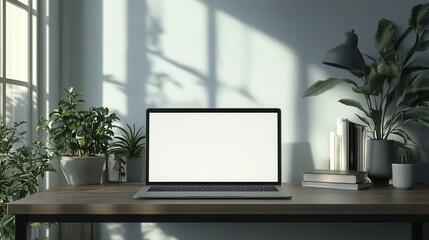 Fototapeta premium A 3D render of a blank screen laptop on a modern desk