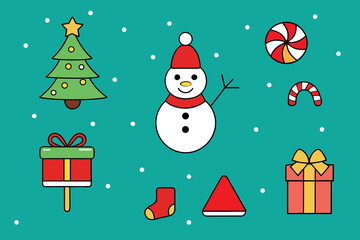 christmas sticker set isolated on blue background vector graphics. bold and solid line