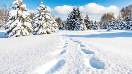 Obraz premium Discovering a tranquil winter wonderland with snow-covered trees and a winding trail leading into the serene blue sky