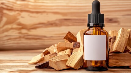 Amber Glass Essential Oil Bottle with Blank Label Near Fresh Sandalwood