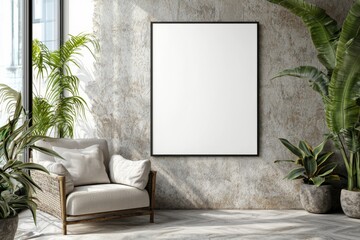 Poster Frame in Beige minimalist living room interior created with generative AI