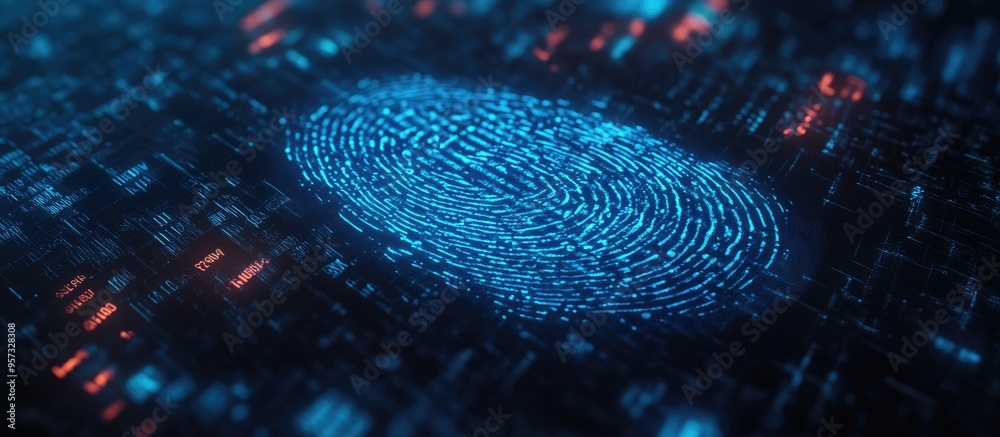 Poster 3d illustration of a fingerprint scan illustrating biometric identification for secure access highli