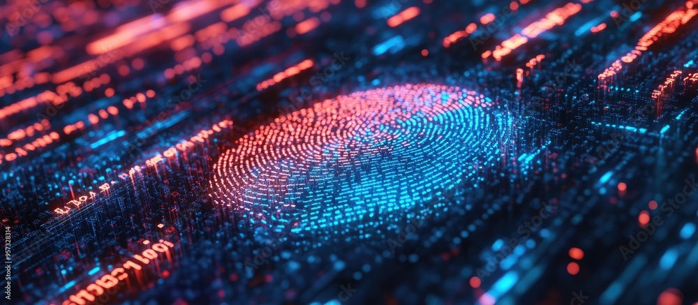 Poster 3d illustration of a fingerprint scan illustrating biometric identification for secure access highli