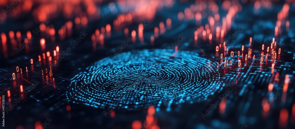 Poster 3d illustration of a fingerprint scan illustrating biometric identification for secure access highli