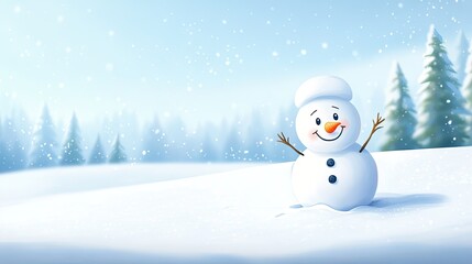 Fototapeta premium Adorable Snowman Standing on Snowy Night with Pine Trees in Background, Hand-Drawn