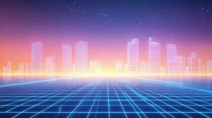Obraz premium Futuristic Skyline with Tall, Sleek Buildings and a Glowing Digital Grid, Creating a Vibrant and Connected Atmosphere