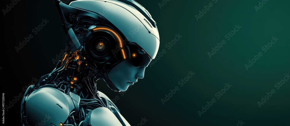 Poster 3d illustration of a futuristic ai character featuring elements of machine digital design and cyborg
