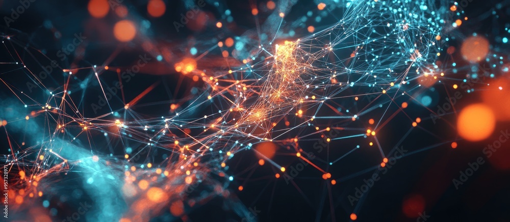 Poster 3D illustration of a global network Visualization of neural connections in AI featuring an abstract futuristic design with colorful polygonal mesh elements