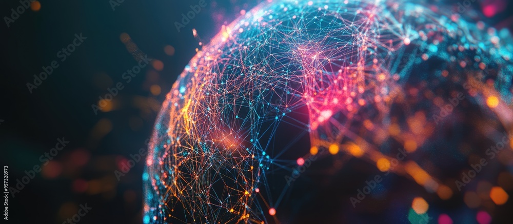 Poster 3D illustration of a global network Visualization of neural connections in AI featuring an abstract futuristic design with colorful polygonal mesh elements