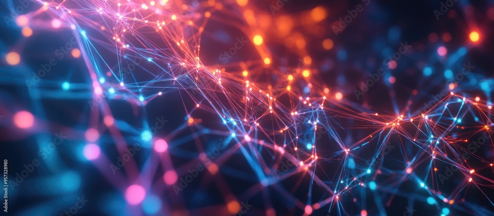 Poster 3D illustration of a global network Visualization of neural connections in AI featuring an abstract futuristic design with colorful polygonal mesh elements