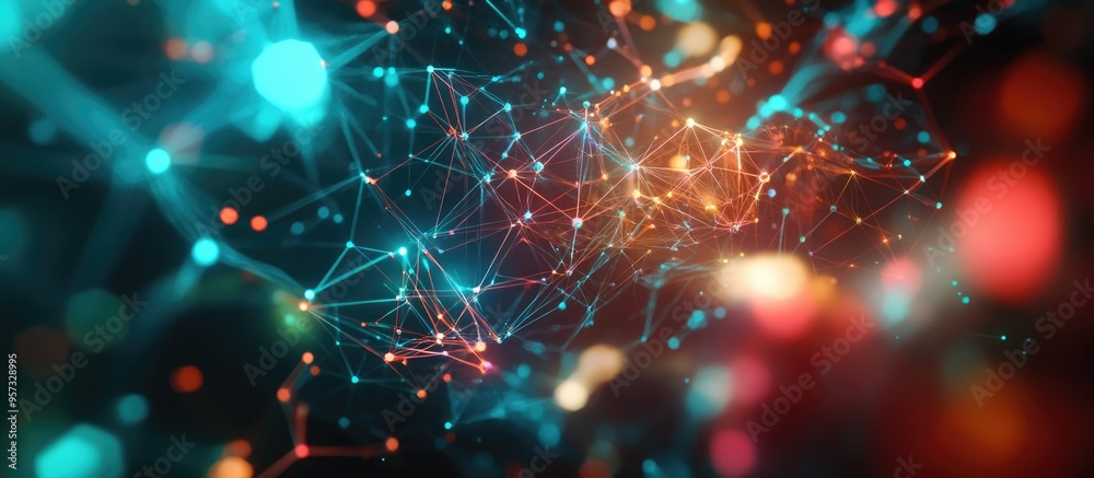 Poster 3D illustration of a global network Visualization of neural connections in AI featuring an abstract futuristic design with colorful polygonal mesh elements
