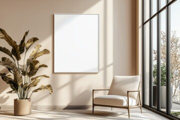Poster Frame in Beige minimalist living room interior created with generative AI