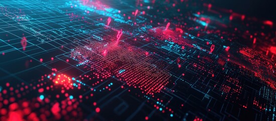 Naklejka premium 3D illustration of a global network featuring blockchain technology neural networks and artificial intelligence showcasing an abstract technological background with binary code elements