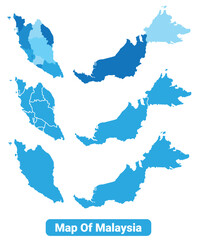 Vector Blue Malaysia political maps with borders regions simple flat illustration set 