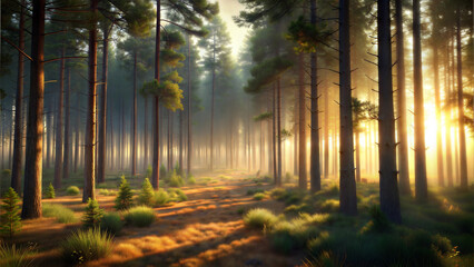 Misty forest landscape with sun rays illuminating tall trees and serene atmosphere