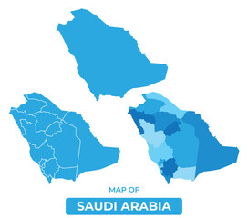 Vector Blue Saudi Arabia political maps with borders regions simple flat illustration set 