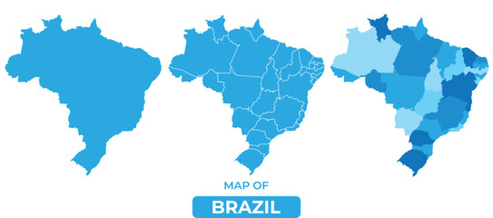 Vector Blue Brazil political maps with borders regions simple flat illustration set 