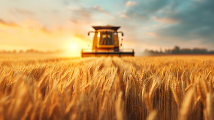 Fototapeta premium Combine Harvester Working Wheat Field