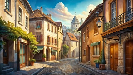 Fototapeta premium Charming street view with cozy buildings and greenery in a bright sunny atmosphere