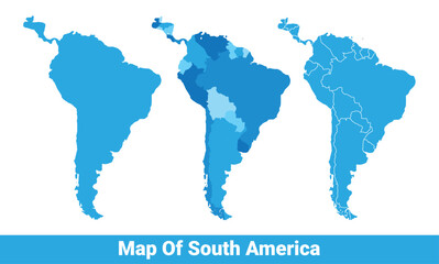 Fototapeta premium Vector Blue South America political maps with borders regions simple flat illustration set 