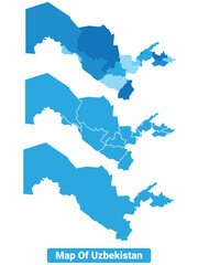 Vector Blue Uzbekistan political maps with borders regions simple flat illustration set 