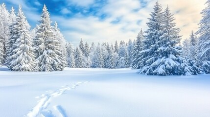 Fototapeta premium Discovering a tranquil winter wonderland with snow-covered trees and a winding trail leading into the serene blue sky