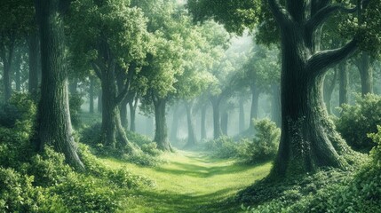Obraz premium A beautiful fairytale enchanted forest with big trees and great vegetation 