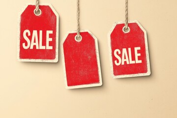 Three red sale tags on beige background for promotion and discount offers