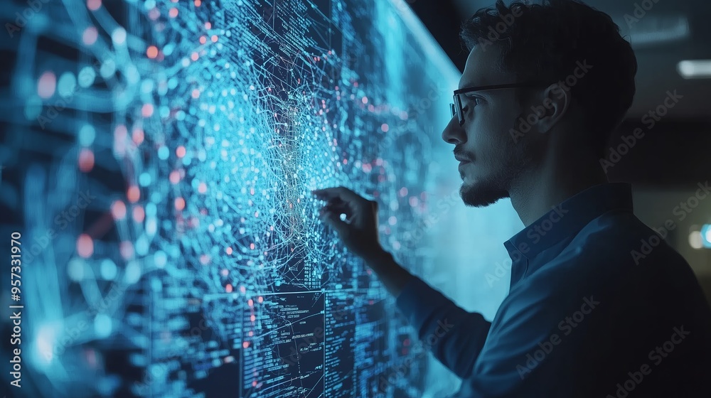 Poster a data analyst explores complex visualizations on a digital interface in a modern office environment