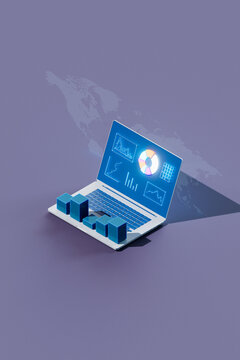 Isometric 3D Render of Business Data Analysis on Laptop