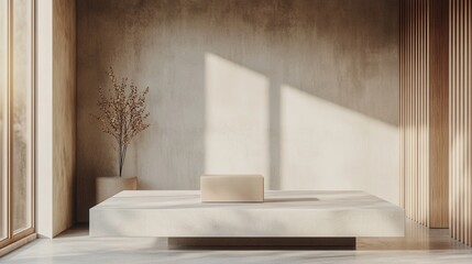 A 3D render of a floating product box in a minimalistic space for packaging mockup