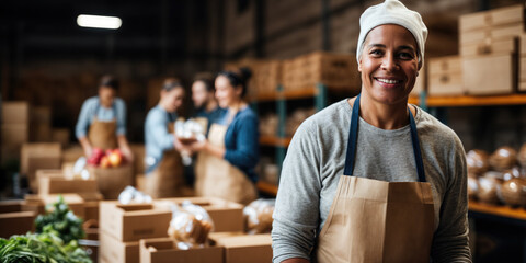 Happy charity worker smiling while organizing donations in warehouse