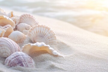 Scattered seashells on sunny beach sand