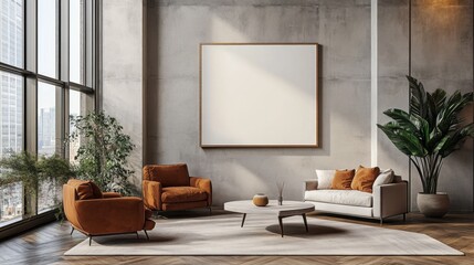 A 3D render of a modern living room with a blank canvas on the wall for artwork mockup