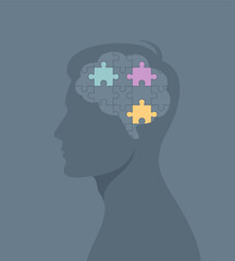 Gray brain puzzle with some colored pieces in the head of a human silhouette. Flat vector illustration