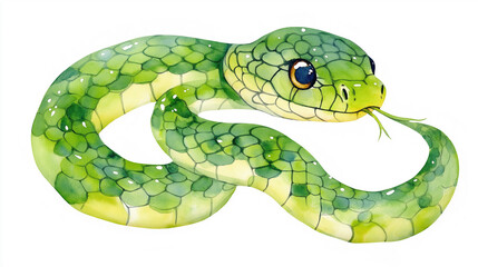 Cute watercolor clipart of a snake on a white background featuring vibrant colors and playful design