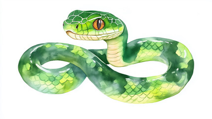 Fototapeta premium Cute watercolor clipart of a snake on a white background featuring vibrant colors and playful design